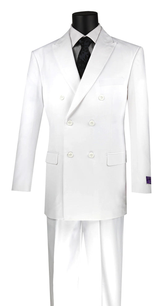 The mannequin showcases the Vinci Suits Regular Fit Double Breasted 2 Piece Suit (White) DC900-1, featuring notched lapels and wrinkle resistance, complemented by a black shirt and patterned tie against a plain background.