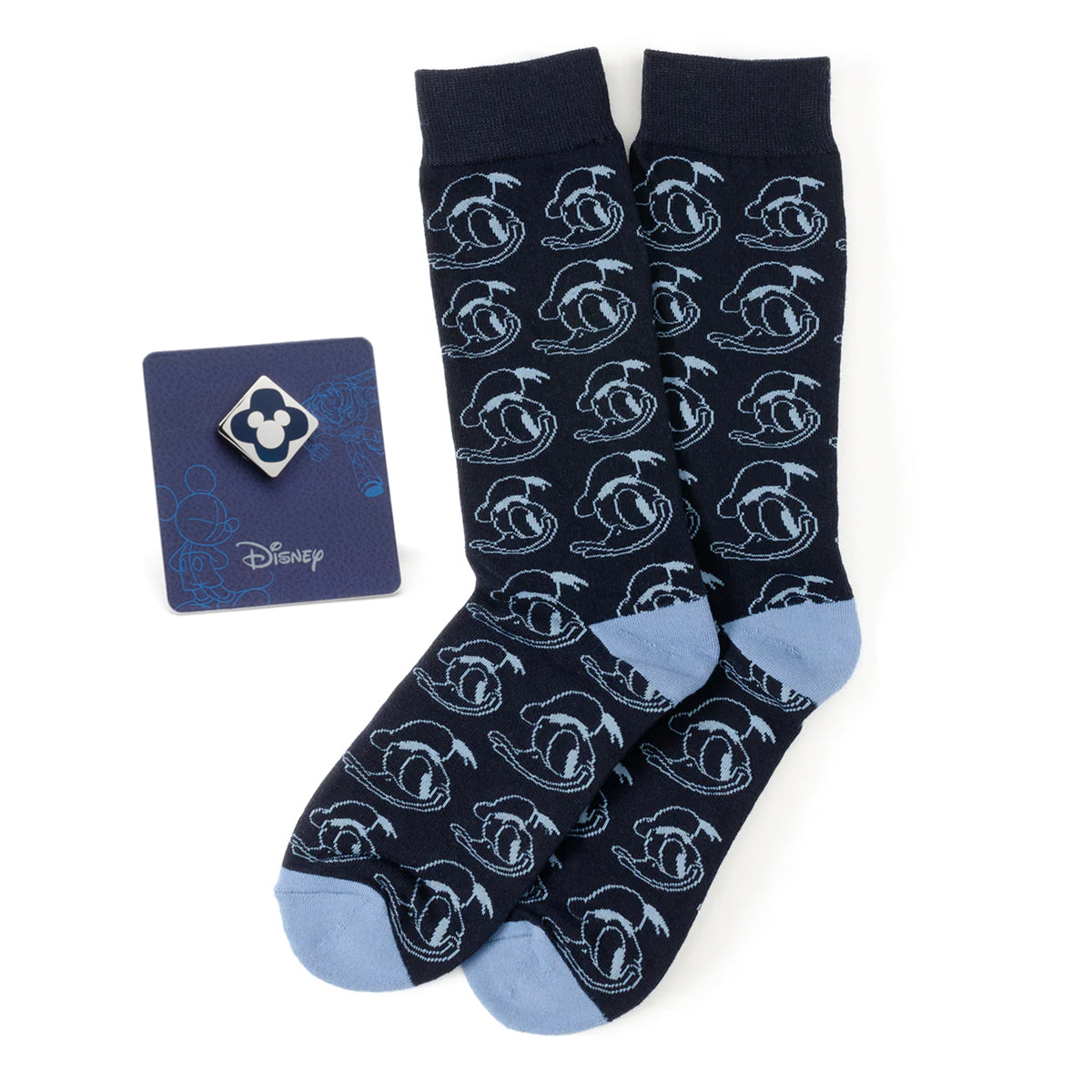 The Cufflinks.com Disney Donald Duck Patterned Blue Socks and Mickey Mouse Blue Lapel Pin Gift Set is a delightful choice for Disney fans.
