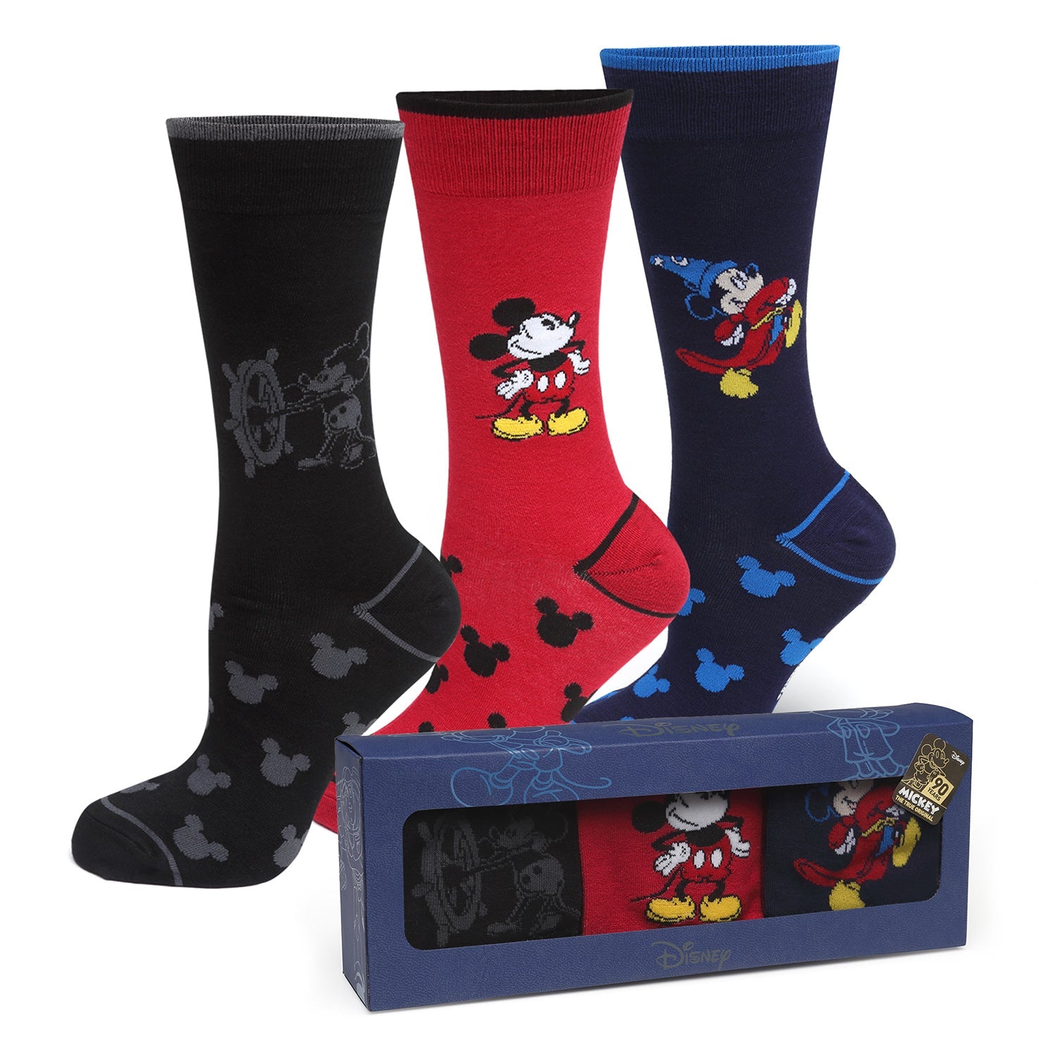 The Mickey's 90th Anniversary Gift Set by Cufflinks.com includes three pairs of classic-design Mickey Mouse socks in black, red, and blue, plus a square card—an ideal Disney gift for any fan.