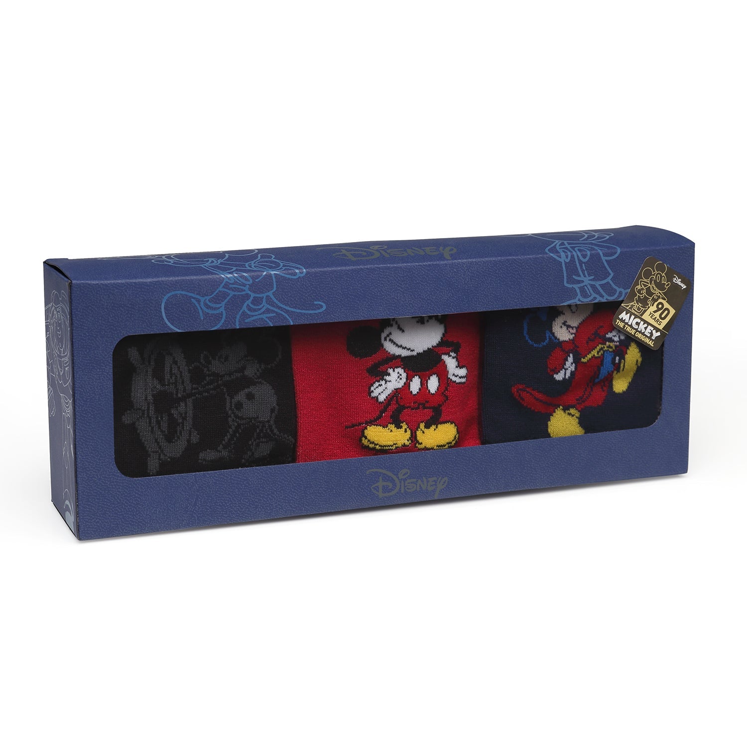 The Mickey's 90th Anniversary Gift Set by Cufflinks.com includes three pairs of classic-design Mickey Mouse socks in black, red, and blue, plus a square card—an ideal Disney gift for any fan.