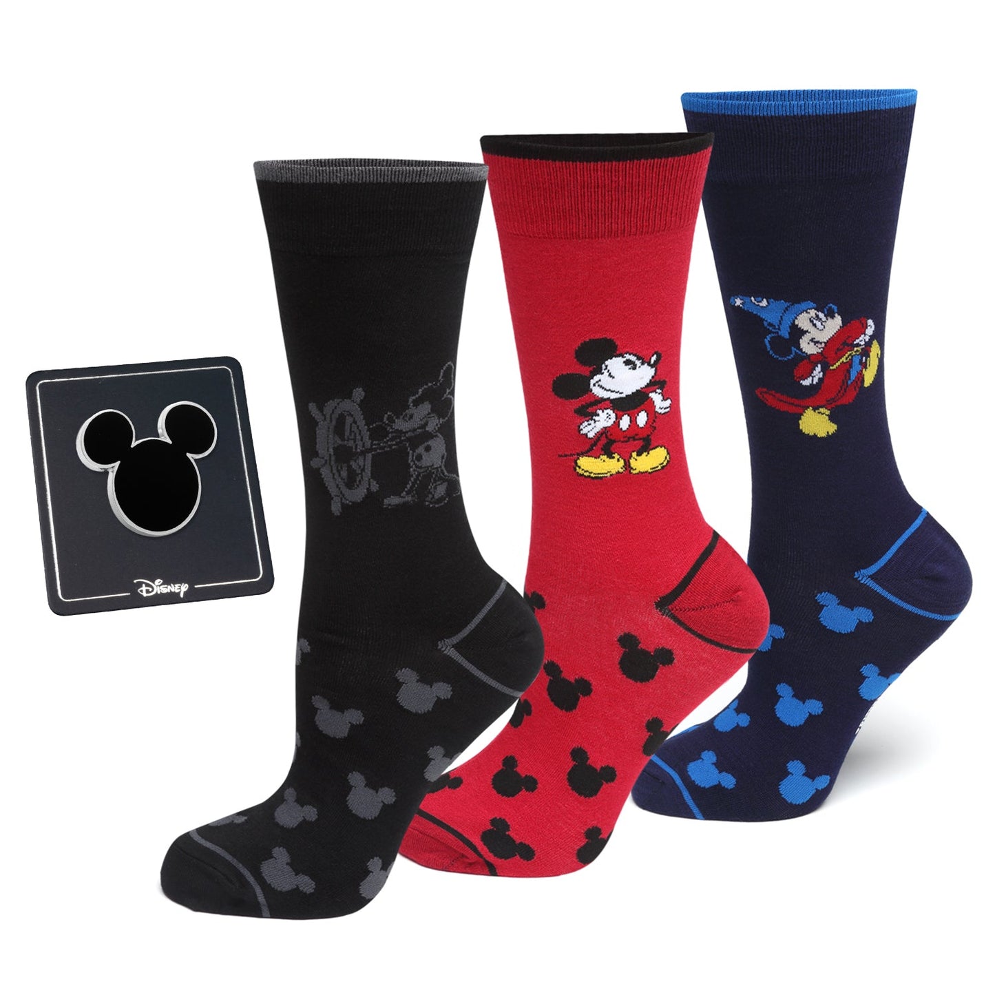 The Mickey's 90th Anniversary Gift Set by Cufflinks.com includes three pairs of classic-design Mickey Mouse socks in black, red, and blue, plus a square card—an ideal Disney gift for any fan.