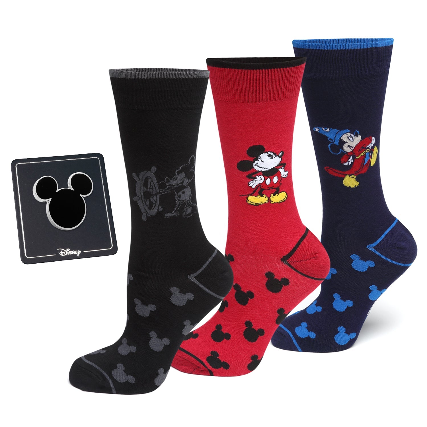The Mickey's 90th Anniversary Gift Set by Cufflinks.com includes three pairs of classic-design Mickey Mouse socks in black, red, and blue, plus a square card—an ideal Disney gift for any fan.
