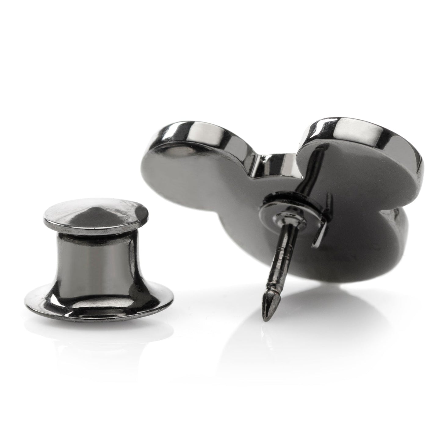 The Disney Mickey Mouse Black Pave Crystal Lapel Pin by Cufflinks.com shines with pave crystals in a sleek black finish, styled as the iconic Disney silhouette, set against a white background.