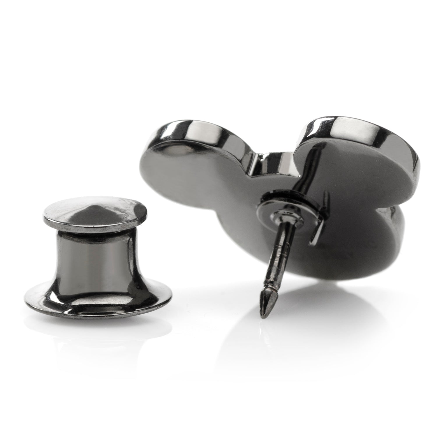 The Disney Mickey Mouse Black Pave Crystal Lapel Pin by Cufflinks.com shines with pave crystals in a sleek black finish, styled as the iconic Disney silhouette, set against a white background.