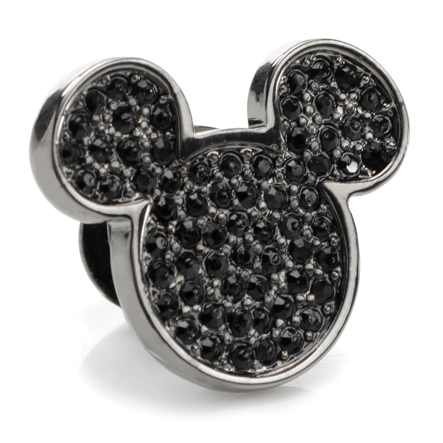 The Disney Mickey Mouse Black Pave Crystal Lapel Pin by Cufflinks.com shines with pave crystals in a sleek black finish, styled as the iconic Disney silhouette, set against a white background.