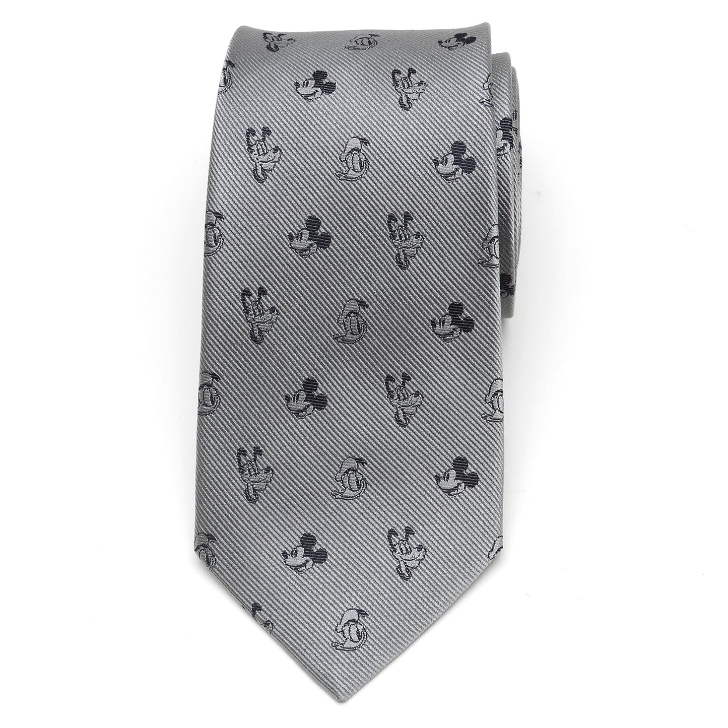The Disney Mickey and Friends Gray Men's Tie by Cufflinks.com is a silk tie featuring a repeating pattern of small, dark cartoon Mickey Mouse faces.