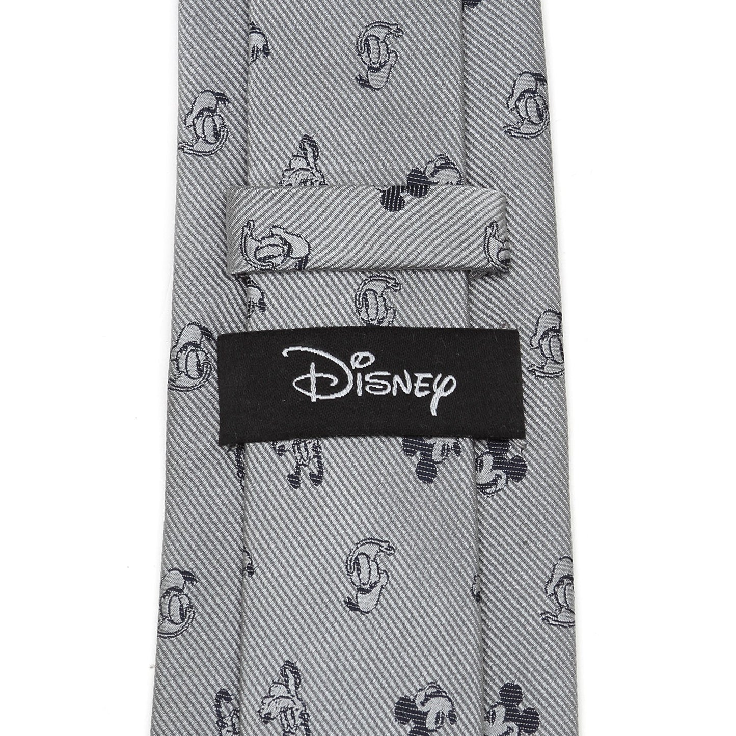 The Disney Mickey and Friends Gray Men's Tie by Cufflinks.com is a silk tie featuring a repeating pattern of small, dark cartoon Mickey Mouse faces.