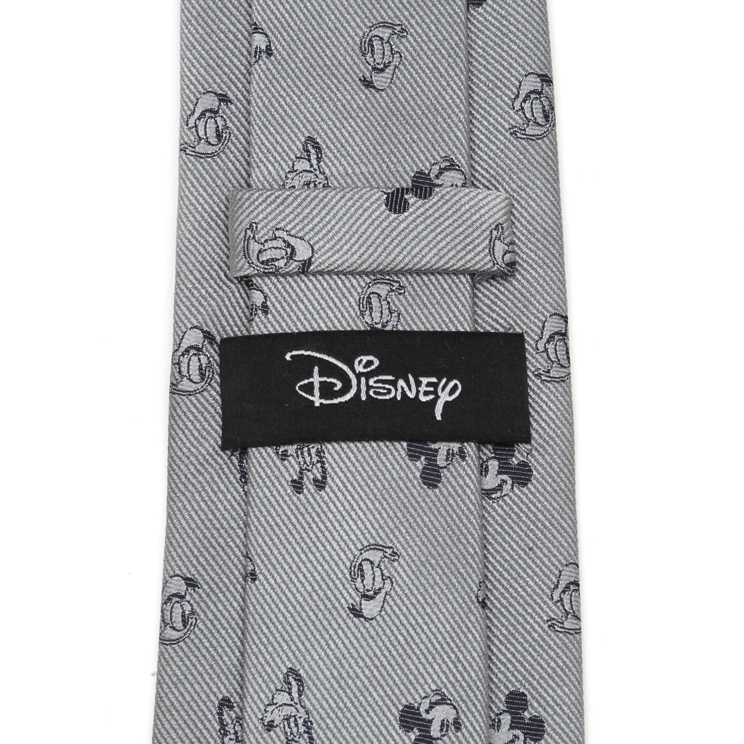 The Disney Mickey and Friends Gray Men's Tie by Cufflinks.com is a silk tie featuring a repeating pattern of small, dark cartoon Mickey Mouse faces.