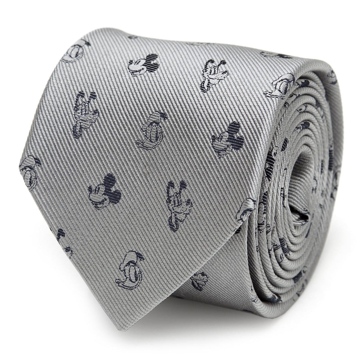 The Disney Mickey and Friends Gray Men's Tie by Cufflinks.com is a silk tie featuring a repeating pattern of small, dark cartoon Mickey Mouse faces.