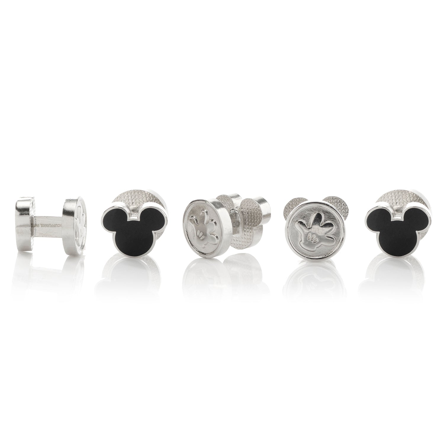 The Disney Mickey Mouse Silhouette 5-Stud Set by Cufflinks.com features silver and black cufflinks and shirt studs shaped like Mickey Mouse, arranged in rows on a white background.