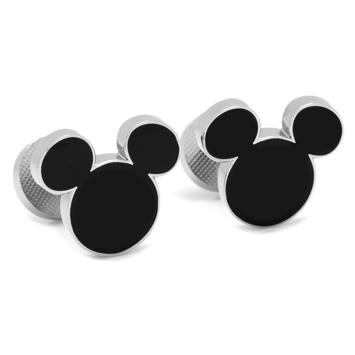 The Disney Mickey Mouse Silhouette 5-Stud Set by Cufflinks.com features silver and black cufflinks and shirt studs shaped like Mickey Mouse, arranged in rows on a white background.