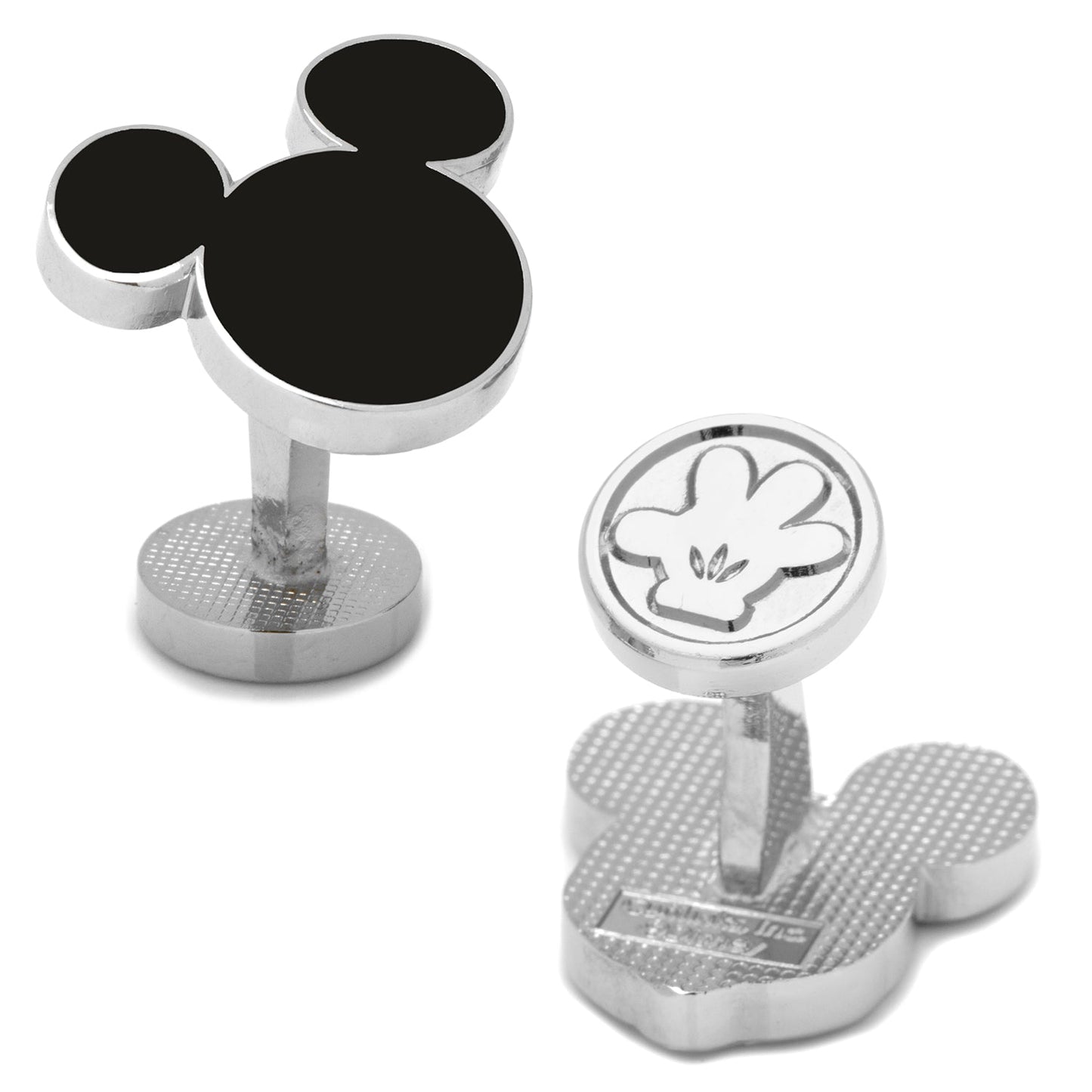 The Disney Mickey Mouse Silhouette 5-Stud Set by Cufflinks.com features silver and black cufflinks and shirt studs shaped like Mickey Mouse, arranged in rows on a white background.