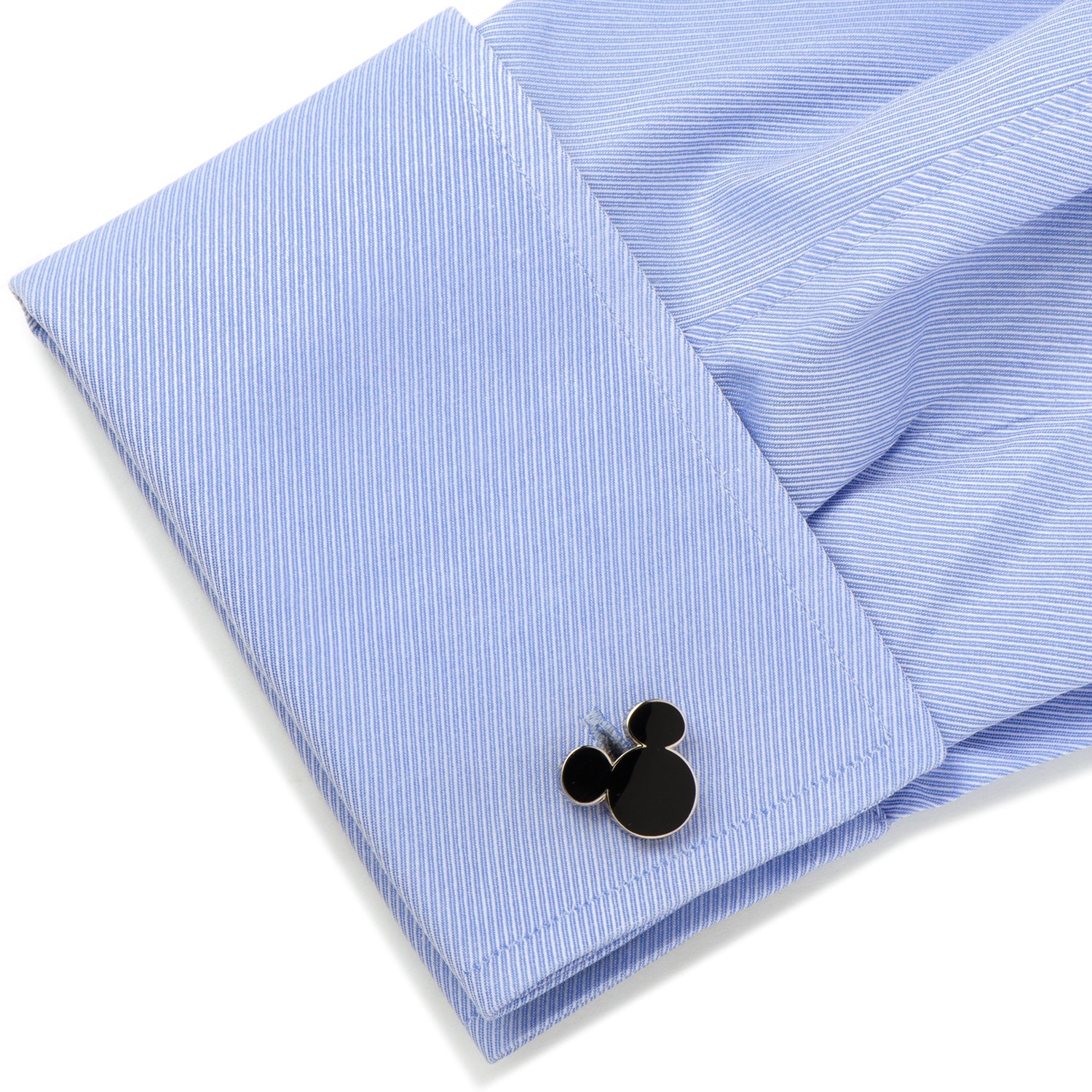 The Disney Mickey Mouse Silhouette 5-Stud Set by Cufflinks.com features silver and black cufflinks and shirt studs shaped like Mickey Mouse, arranged in rows on a white background.