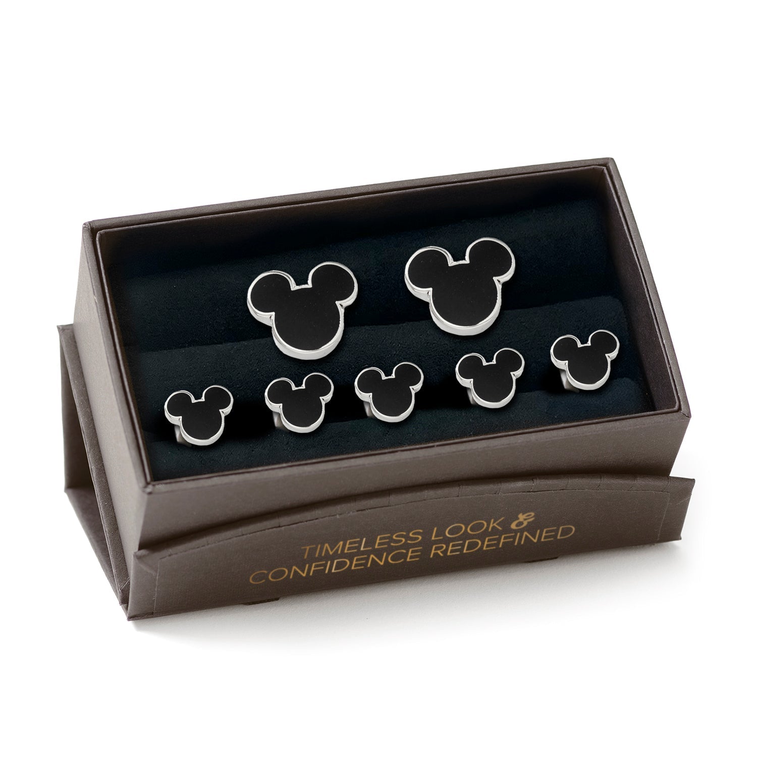 The Disney Mickey Mouse Silhouette 5-Stud Set by Cufflinks.com features silver and black cufflinks and shirt studs shaped like Mickey Mouse, arranged in rows on a white background.