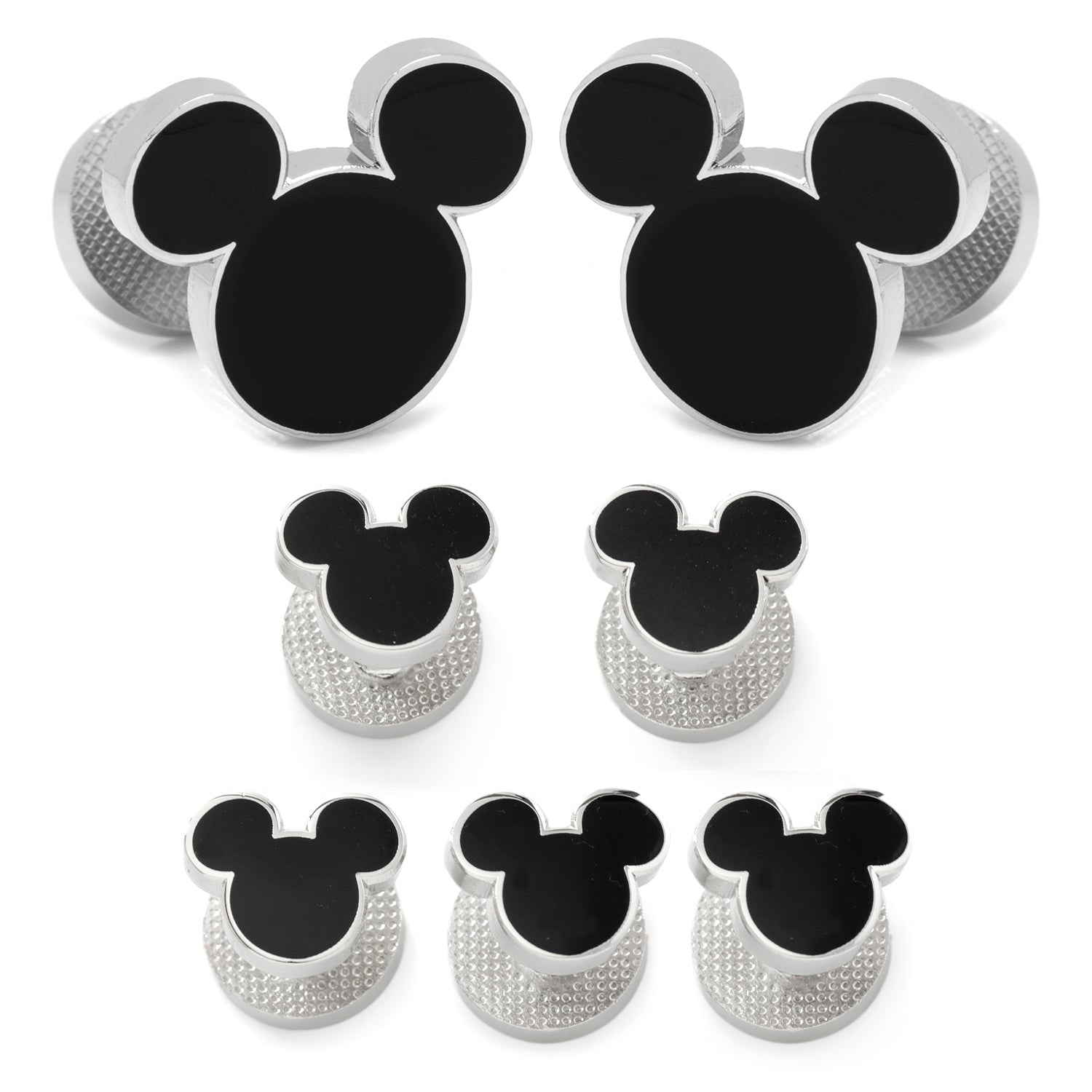 The Disney Mickey Mouse Silhouette 5-Stud Set by Cufflinks.com features silver and black cufflinks and shirt studs shaped like Mickey Mouse, arranged in rows on a white background.