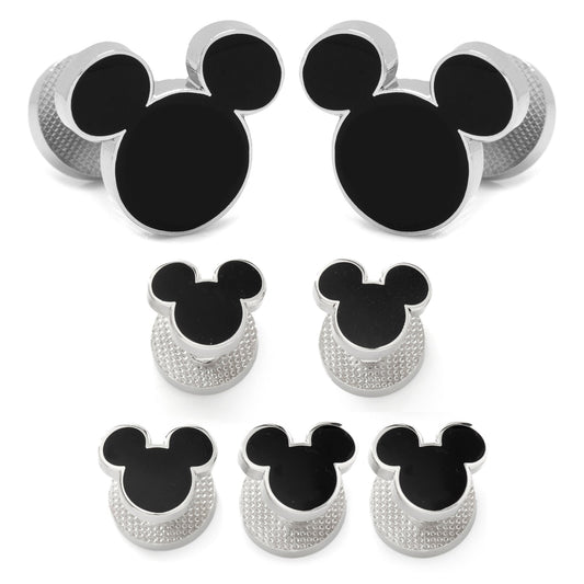 The Disney Mickey Mouse Silhouette 5-Stud Set by Cufflinks.com features silver and black cufflinks and shirt studs shaped like Mickey Mouse, arranged in rows on a white background.