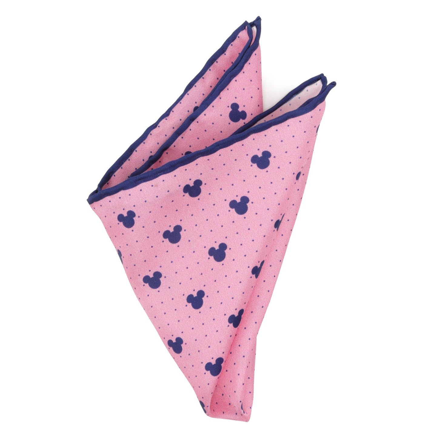 The Disney Mickey Mouse Dot Pink Pocket Square by Cufflinks.com features navy Mickey Mouse silhouettes and dots on pink silk, bordered in navy blue—a stylish Disney accessory.