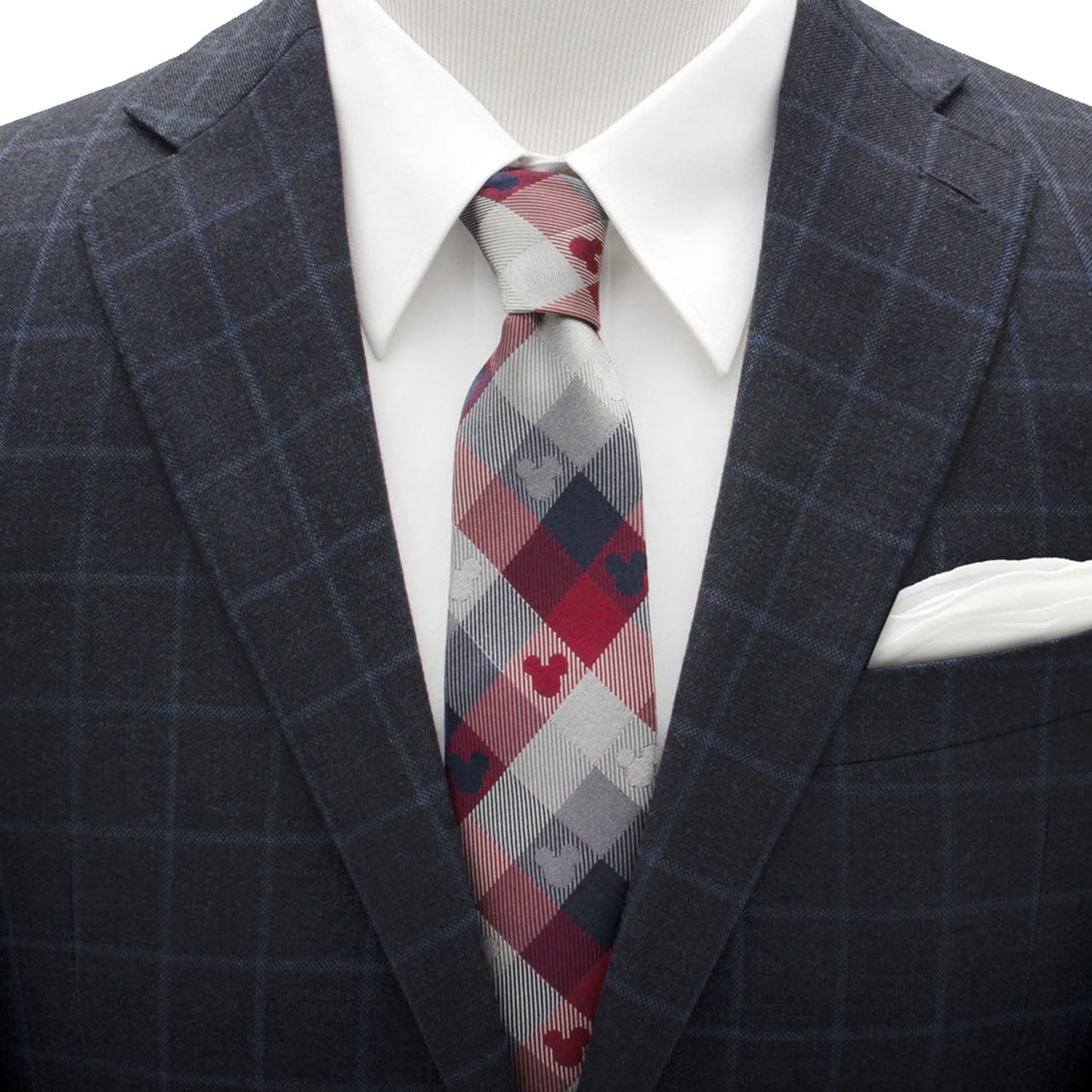 The Disney Mickey Mouse Red and Blue Plaid Men's Tie from Cufflinks.com features a chic plaid design with subtle Mickey Mouse head silhouettes—perfect for adding character and style to your fall wardrobe.
