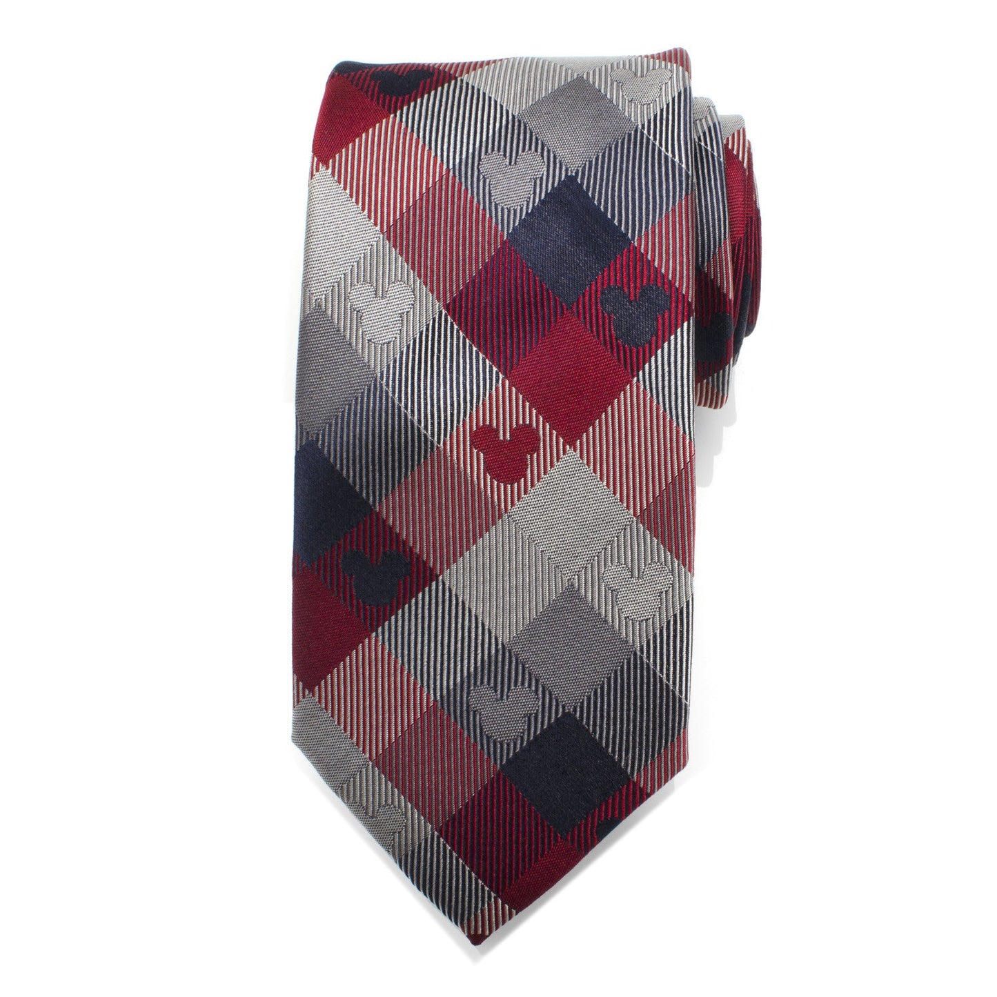 The Disney Mickey Mouse Red and Blue Plaid Men's Tie from Cufflinks.com features a chic plaid design with subtle Mickey Mouse head silhouettes—perfect for adding character and style to your fall wardrobe.