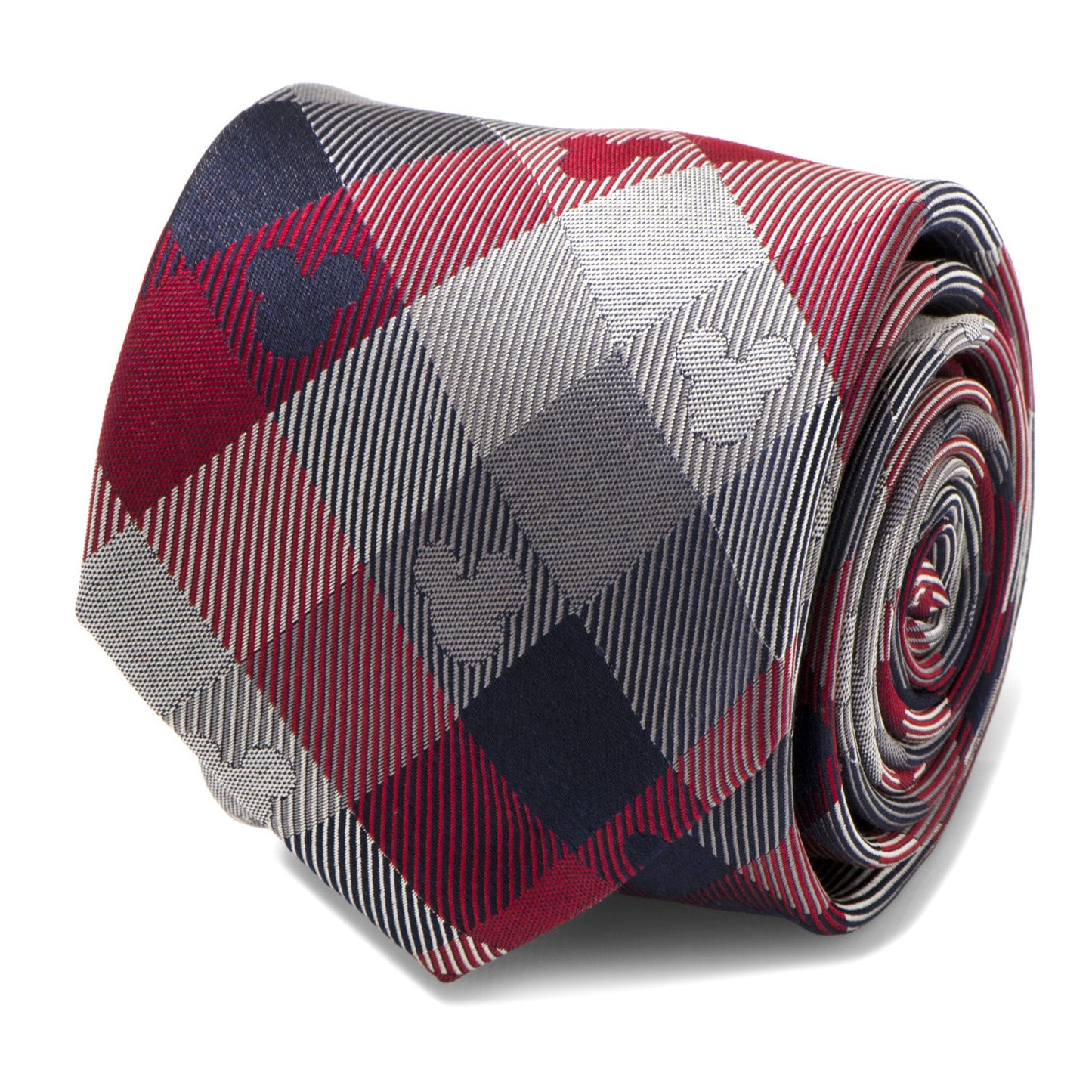 The Disney Mickey Mouse Red and Blue Plaid Men's Tie from Cufflinks.com features a chic plaid design with subtle Mickey Mouse head silhouettes—perfect for adding character and style to your fall wardrobe.