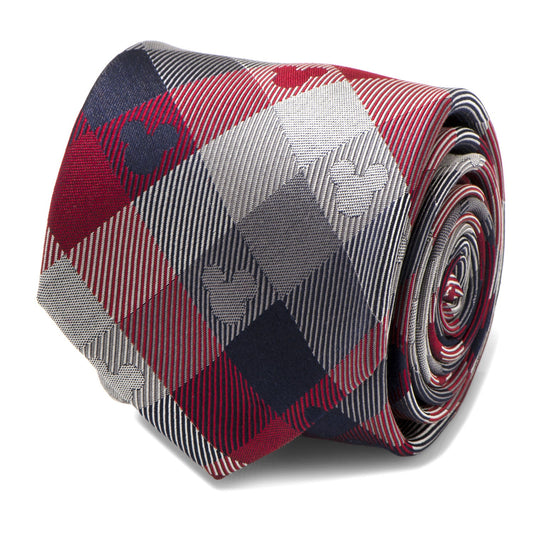 The Disney Mickey Mouse Red and Blue Plaid Men's Tie from Cufflinks.com features a chic plaid design with subtle Mickey Mouse head silhouettes—perfect for adding character and style to your fall wardrobe.