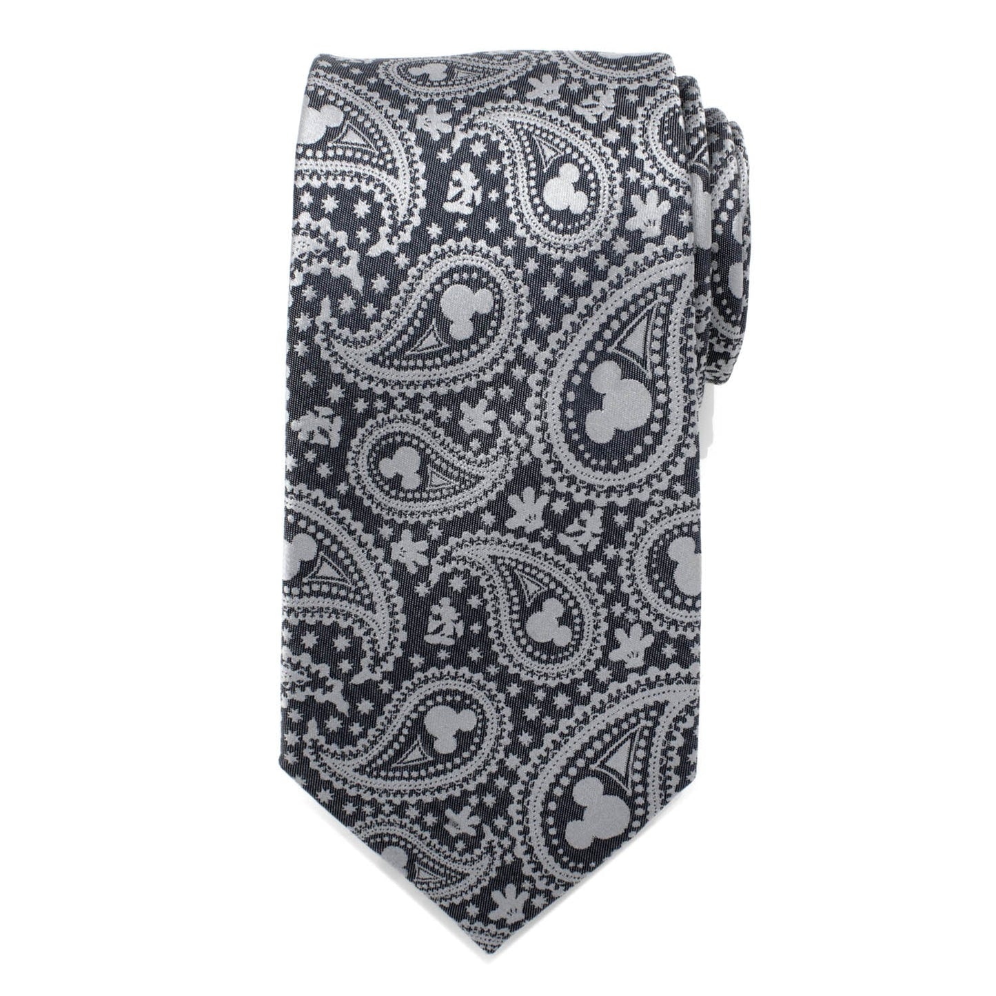 The Disney Mickey Mouse Gray Paisley Men's Tie by Cufflinks.com features a charming paisley pattern with subtle Mickey Mouse head silhouettes—perfect for any Disney collection.