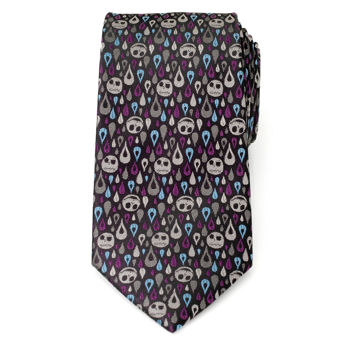 The Disney The Nightmare Before Christmas Jack Skellington Patterned Men's Tie by Cufflinks.com features a black silk blend with white skulls and blue and purple teardrops—perfect for fans seeking a unique accessory.
