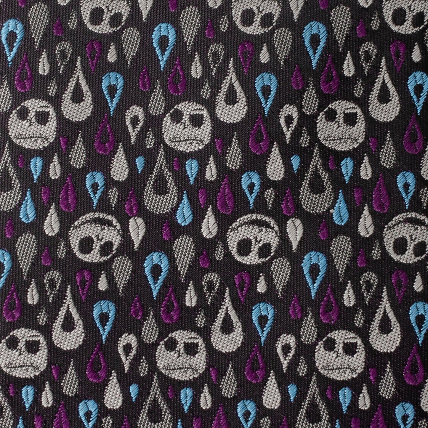 The Disney The Nightmare Before Christmas Jack Skellington Patterned Men's Tie by Cufflinks.com features a black silk blend with white skulls and blue and purple teardrops—perfect for fans seeking a unique accessory.
