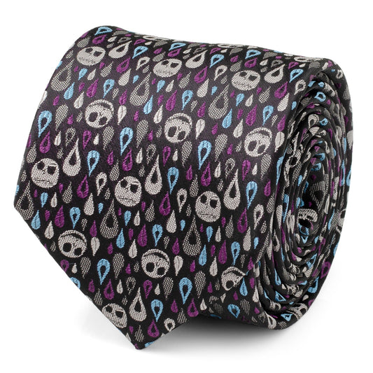 The Disney The Nightmare Before Christmas Jack Skellington Patterned Men's Tie by Cufflinks.com features a black silk blend with white skulls and blue and purple teardrops—perfect for fans seeking a unique accessory.