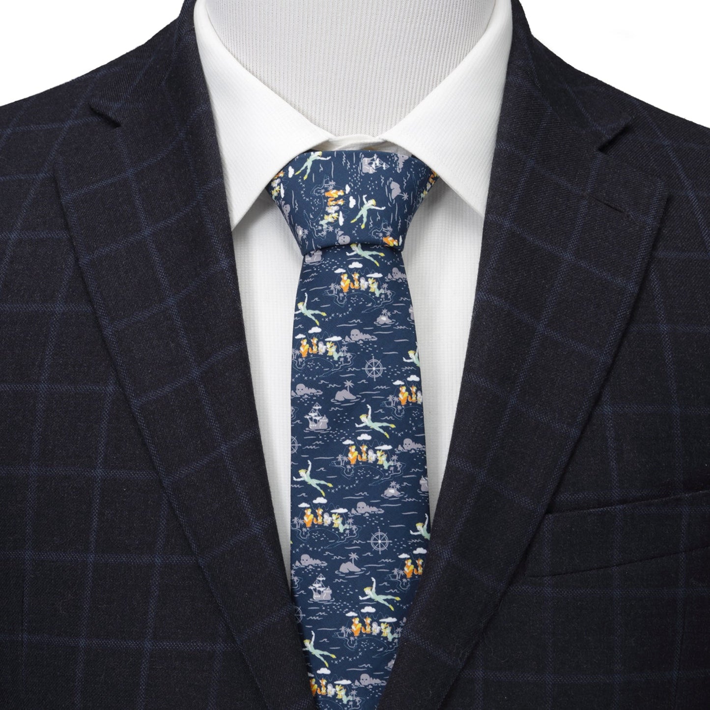 The Disney Peter Pan Flying Blue Men's Tie by Cufflinks.com features a vibrant, whimsical Peter Pan, pirate ship, and nautical motif—an ideal magical Disney accessory for fans.