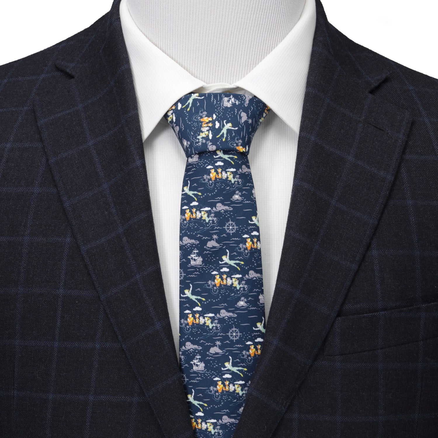 The Disney Peter Pan Flying Blue Men's Tie by Cufflinks.com features a vibrant, whimsical Peter Pan, pirate ship, and nautical motif—an ideal magical Disney accessory for fans.