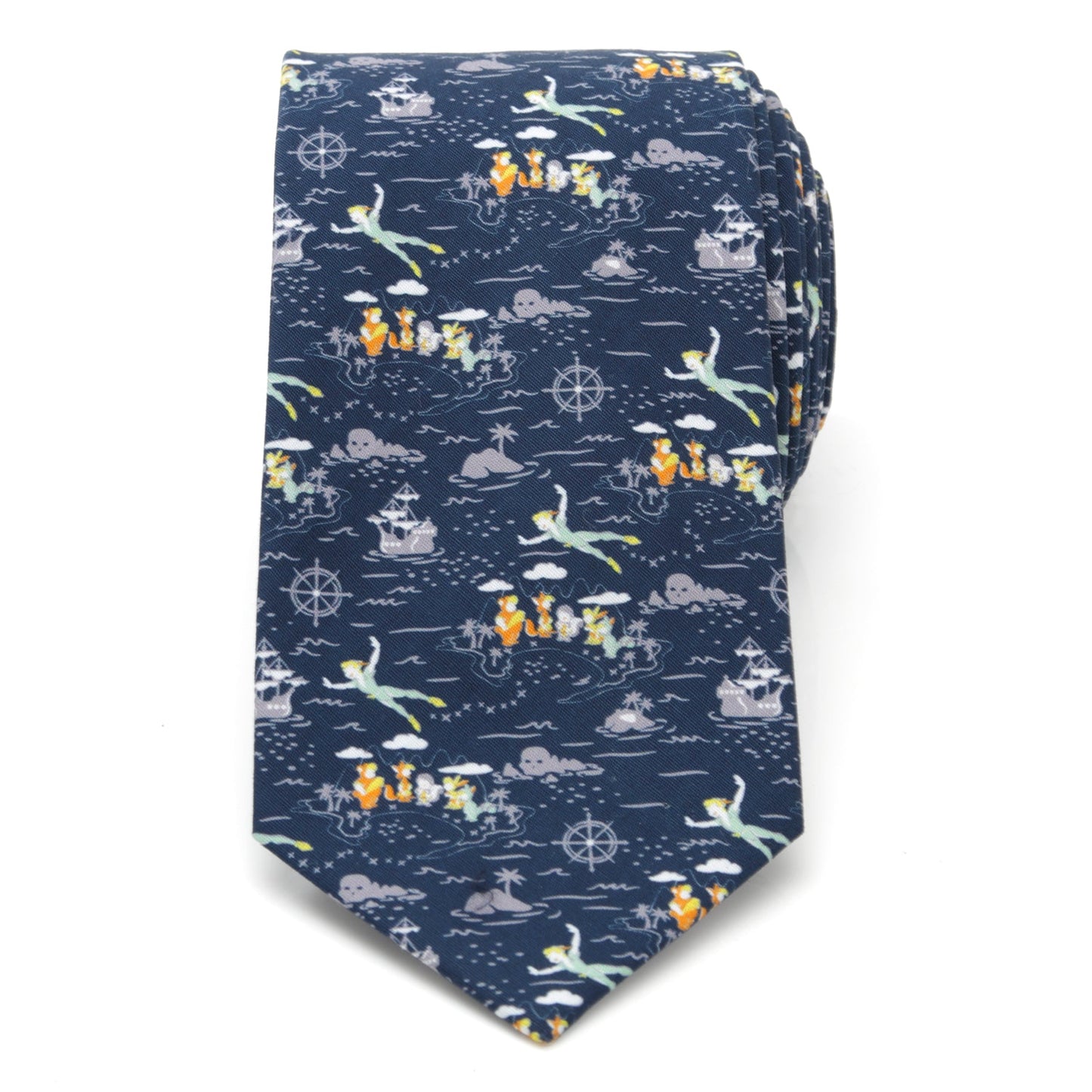 The Disney Peter Pan Flying Blue Men's Tie by Cufflinks.com features a vibrant, whimsical Peter Pan, pirate ship, and nautical motif—an ideal magical Disney accessory for fans.