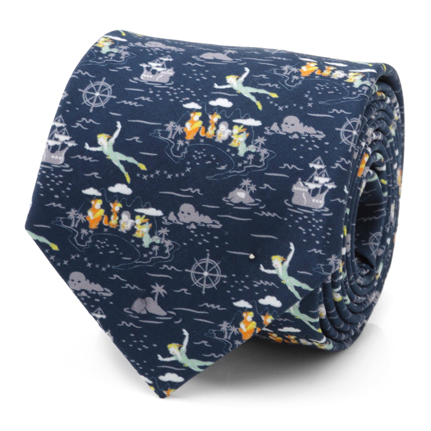 The Disney Peter Pan Flying Blue Men's Tie by Cufflinks.com features a vibrant, whimsical Peter Pan, pirate ship, and nautical motif—an ideal magical Disney accessory for fans.