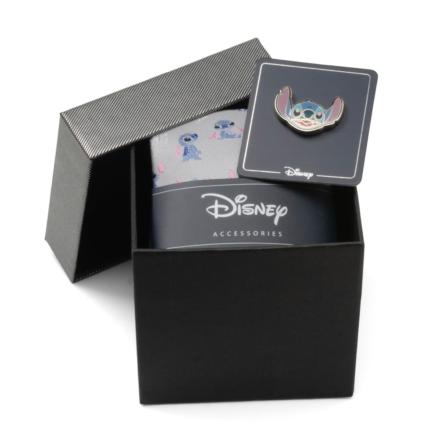 The Disney Lilo & Stitch Gift Set from Cufflinks.com includes a light grey tie with a Stitch pattern and an enamel pin of Stitch’s face—an ideal officially licensed gift for "Lilo & Stitch" fans.