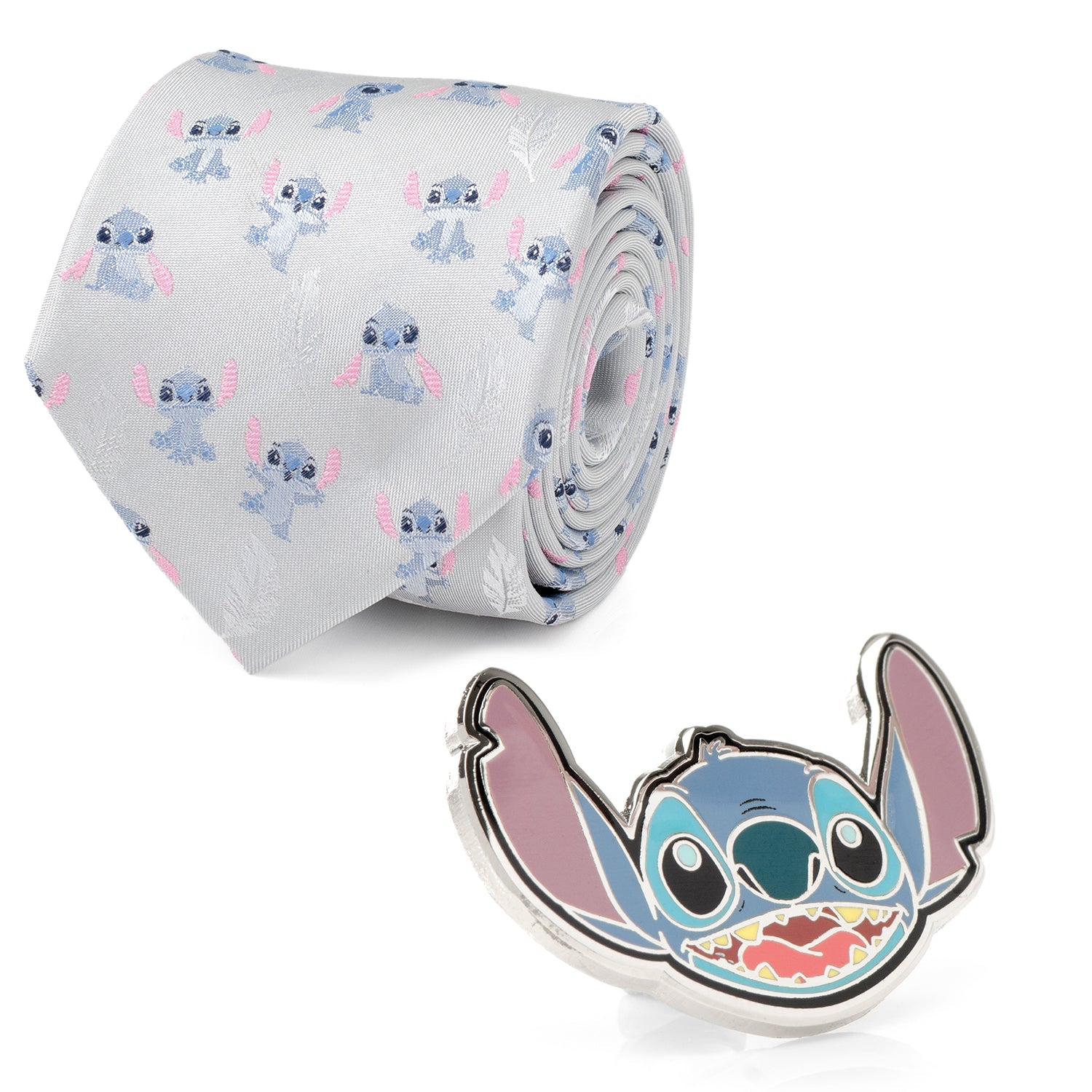 The Disney Lilo & Stitch Gift Set from Cufflinks.com includes a light grey tie with a Stitch pattern and an enamel pin of Stitch’s face—an ideal officially licensed gift for "Lilo & Stitch" fans.