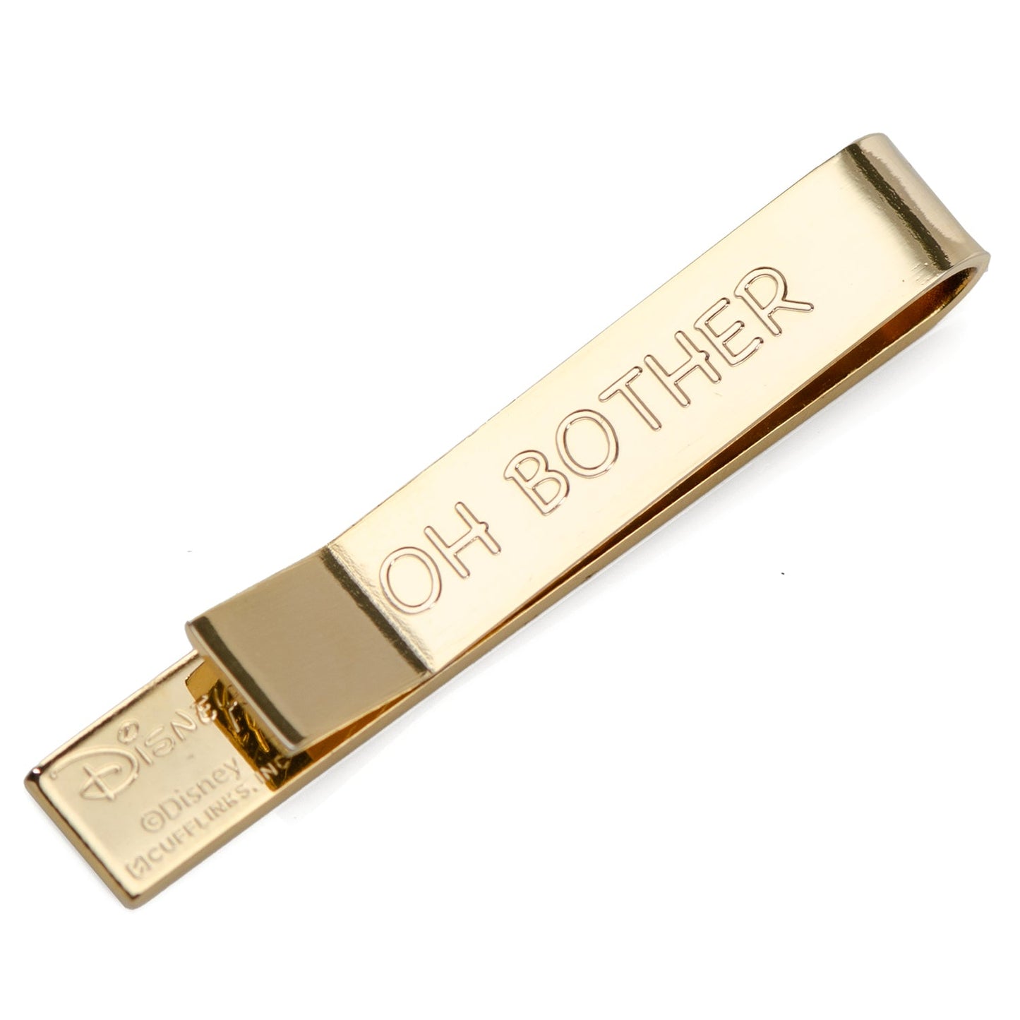 The Disney Winnie the Pooh Hidden Message Tie Bar by Cufflinks.com features gold designs: one displays Winnie the Pooh in multiple poses, the other is engraved with "OH BOTHER." A perfect accessory for classic Winnie the Pooh fans.