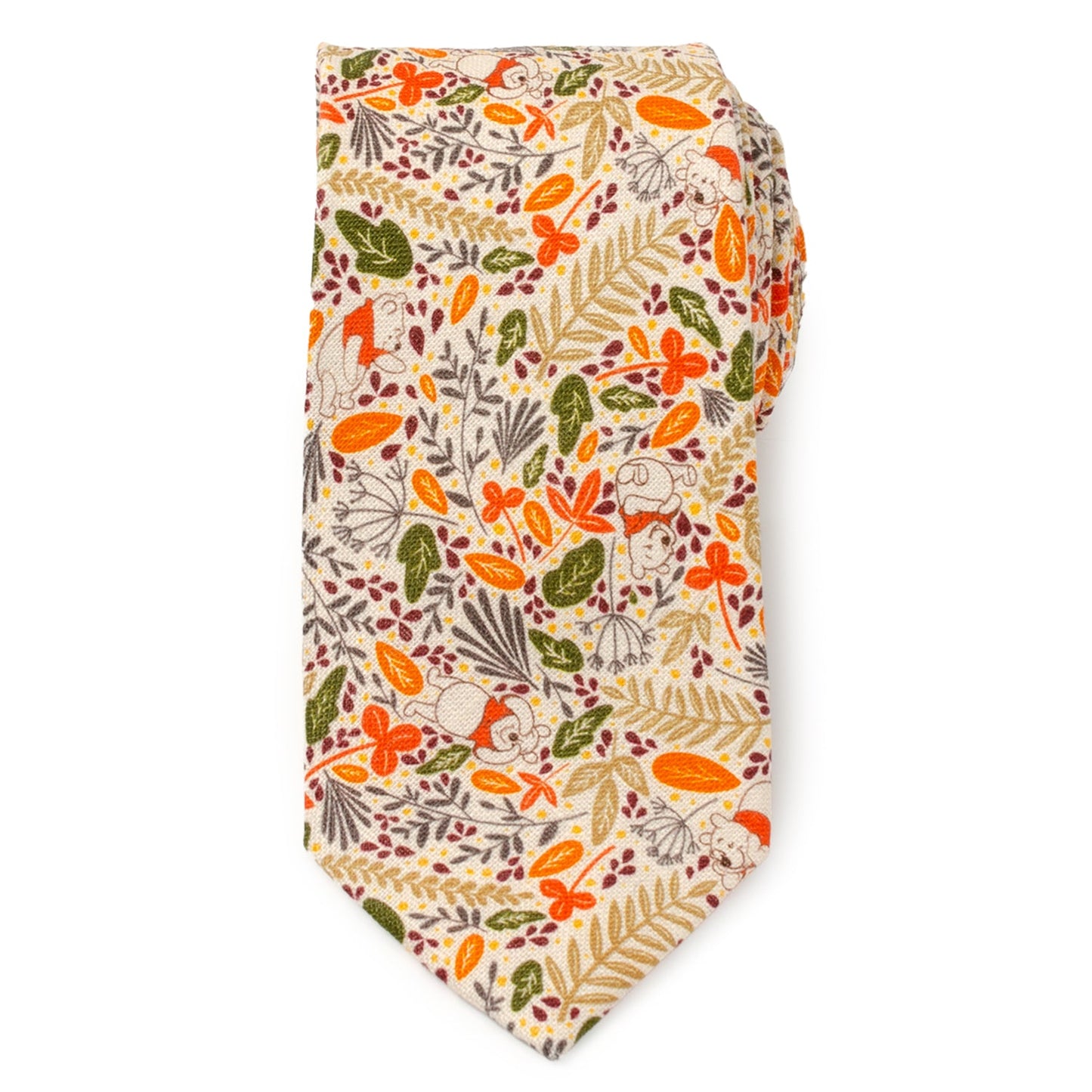 The Disney Winnie the Pooh Tan Patterned Men's Tie by Cufflinks.com features a beige background with autumn leaves in orange, yellow, green, and brown, plus subtle animal illustrations.