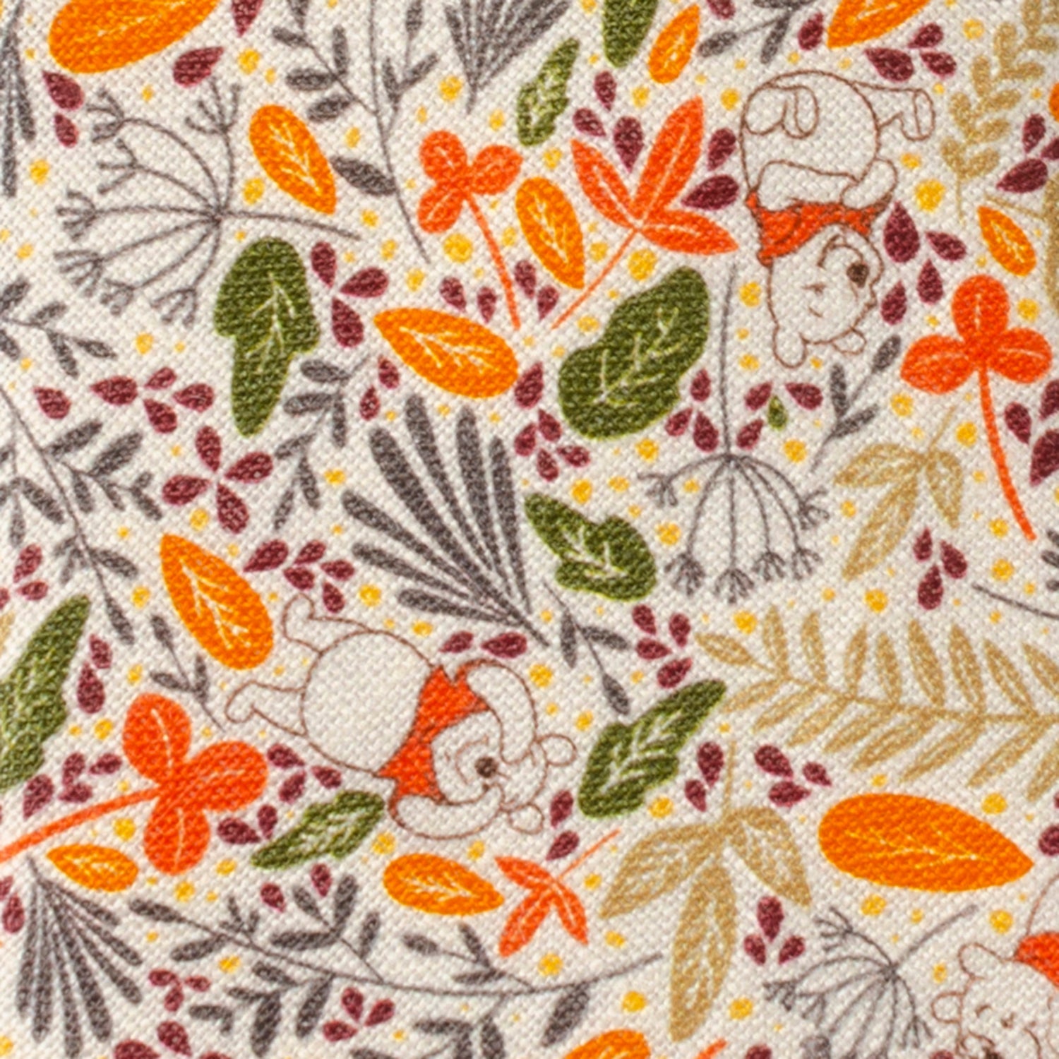 The Disney Winnie the Pooh Tan Patterned Men's Tie by Cufflinks.com features a beige background with autumn leaves in orange, yellow, green, and brown, plus subtle animal illustrations.