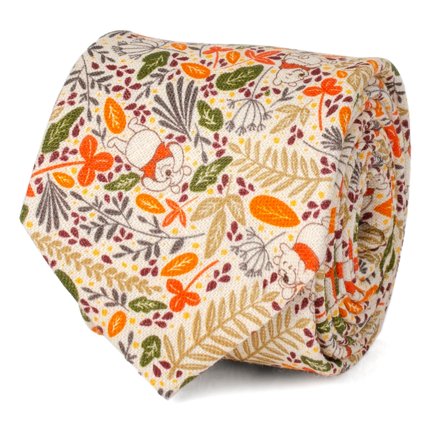 The Disney Winnie the Pooh Tan Patterned Men's Tie by Cufflinks.com features a beige background with autumn leaves in orange, yellow, green, and brown, plus subtle animal illustrations.