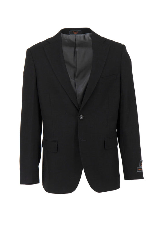 The Tiglio Luxe Black Hopsack Dolcetto Modern Fit Jacket, pure wool with notched lapels and two front pockets, showcases timeless sartorial traditions against a white background.