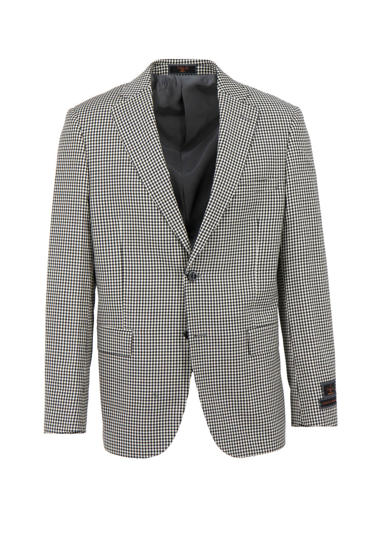 The Tiglio Luxe Dolcetto Modern Fit Jacket, RS5524/1, is a pure wool black and white gingham blazer with a single-breasted design and two front pockets.