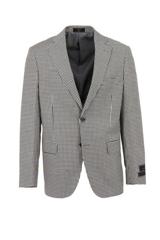 The Tiglio Luxe Dolcetto Modern Fit Jacket, RS5524/1, is a pure wool black and white gingham blazer with a single-breasted design and two front pockets.