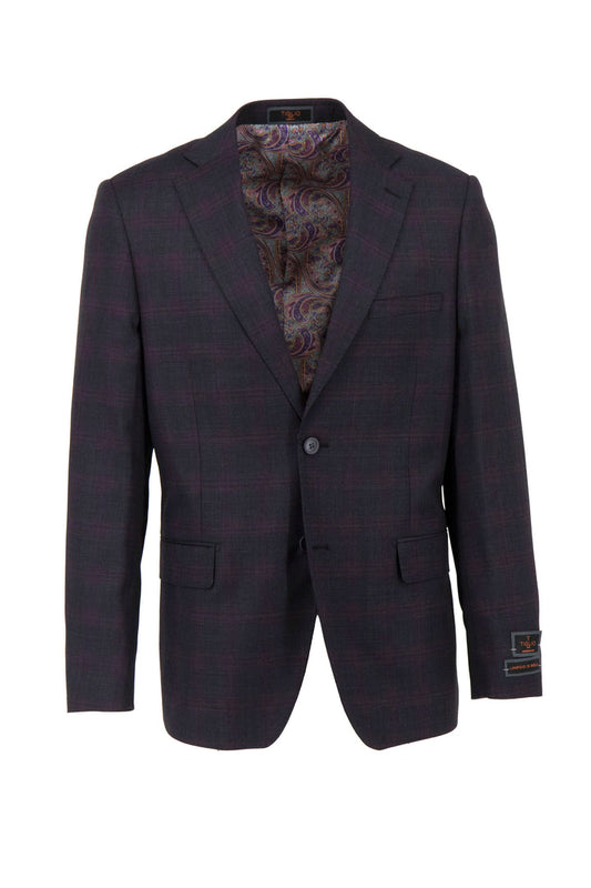 The Tiglio Luxe Black with Plum Windowpane Dolcetto Modern Fit, Pure Wool Jacket TL4236 features a two-button front and notched lapel, showcasing true sartorial craftsmanship.