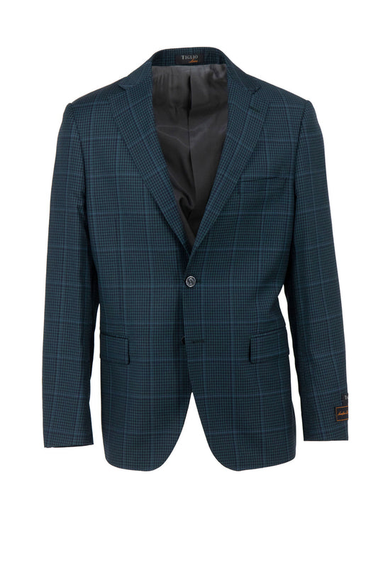 The Tiglio Luxe Dolcetto Modern Fit Jacket TL3310 is a green and black mini check with windowpane design, crafted from pure wool. It features European styling, a single button closure, front pockets, and a notched lapel.