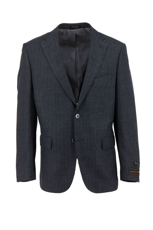 The Tiglio Luxe Dolcetto Modern Fit Jacket (TL3321) in gray pinstripe features a notch lapel, two buttons, and front pockets. Crafted from the finest Italian pure wool.