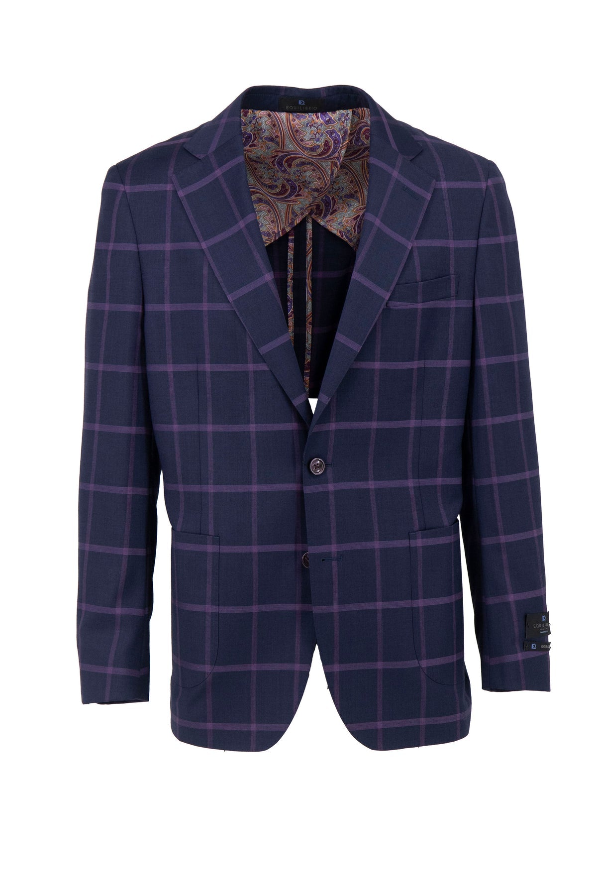 The Tiglio Luxe Dolcetto/THP Modern Fit jacket TL4226 is a navy with purple windowpane blazer, half-lined with pure wool and features two-button closure and buttoned cuffs.