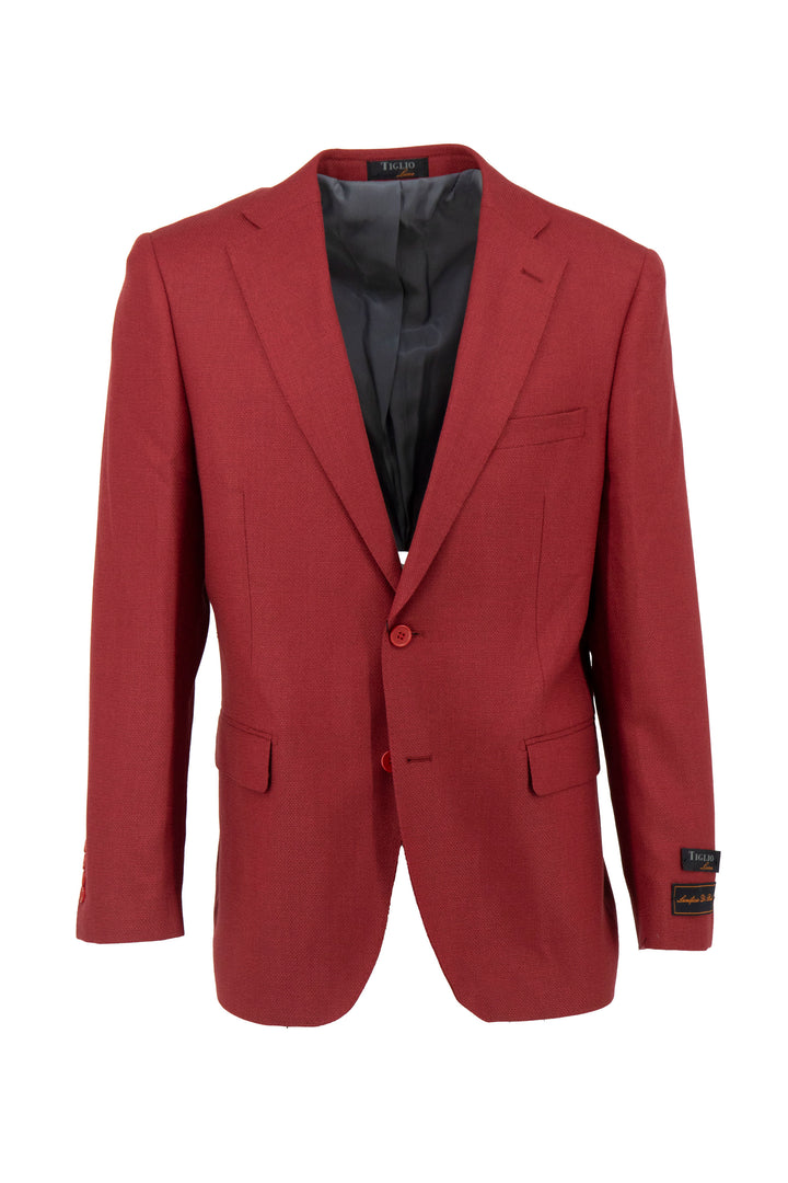 The Tiglio Luxe Red Hopsack Dolcetto Modern Fit Jacket TL3373 is a single-breasted, red wool blazer with notched lapels and two buttons, featuring black lining and expertly crafted from fine Italian fabrics.