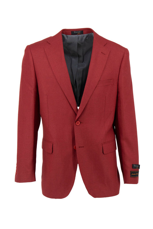 The Tiglio Luxe Red Hopsack Dolcetto Modern Fit Jacket TL3373 is a single-breasted, red wool blazer with notched lapels and two buttons, featuring black lining and expertly crafted from fine Italian fabrics.