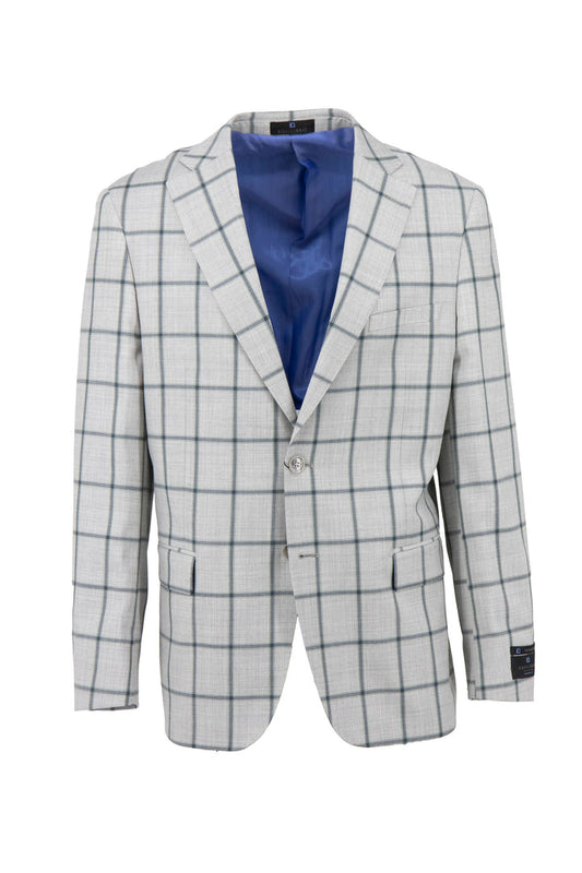 The Tiglio Luxe Dolcetto Modern Fit Jacket TL5574 is a light gray pure wool blazer featuring a navy and green windowpane pattern with two front buttons, showcased on a white background.