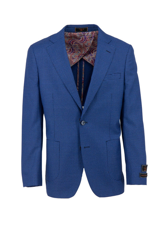 The Tiglio Luxe Blue Mini Check Dolcetto/THP Modern Fit Jacket TL6306 is half lined and crafted from pure wool. It features a paisley lining, single-button closure, and a ticket pocket on the right sleeve.
